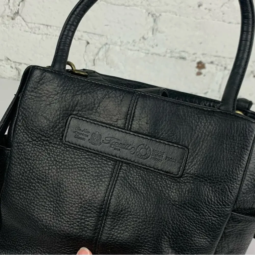 Fossil Black Pebbled Leather Mini Satchel Flap Handbag Crossbody Purse